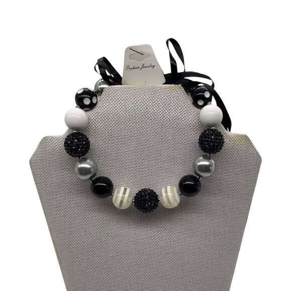 Chunky Beaded Girls Necklace With Ribbon Tie Closure In Black White & Silver - Picture 4 of 11